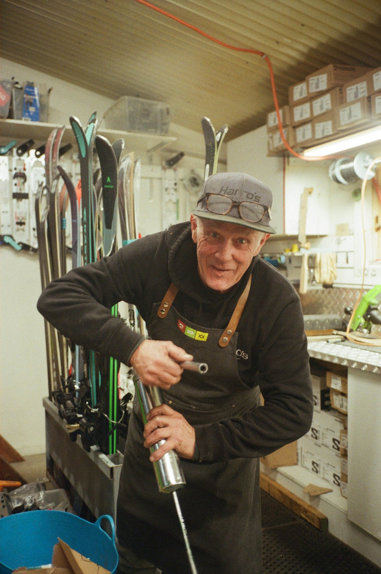 A Harro's ski tech at work in the workshop